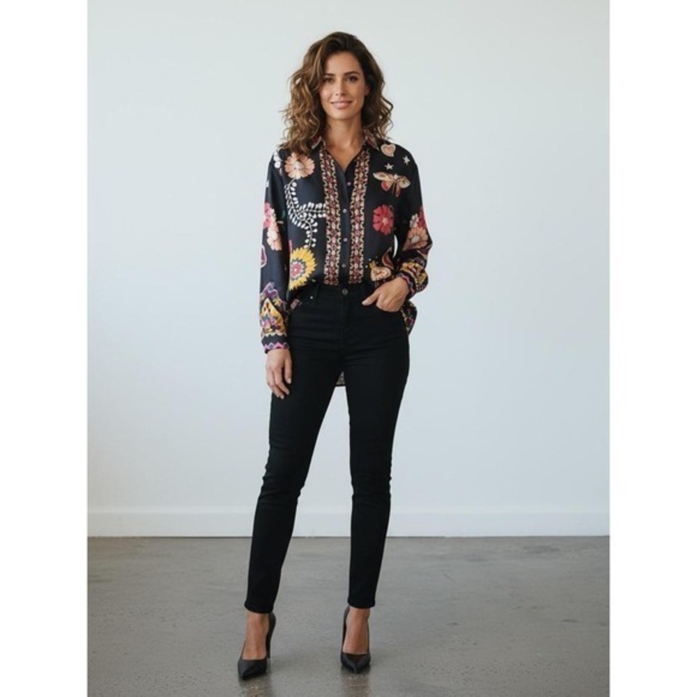 Jade By Jonny Was Silk Blend Floral Button Down Blouse Black Multi Color Small
